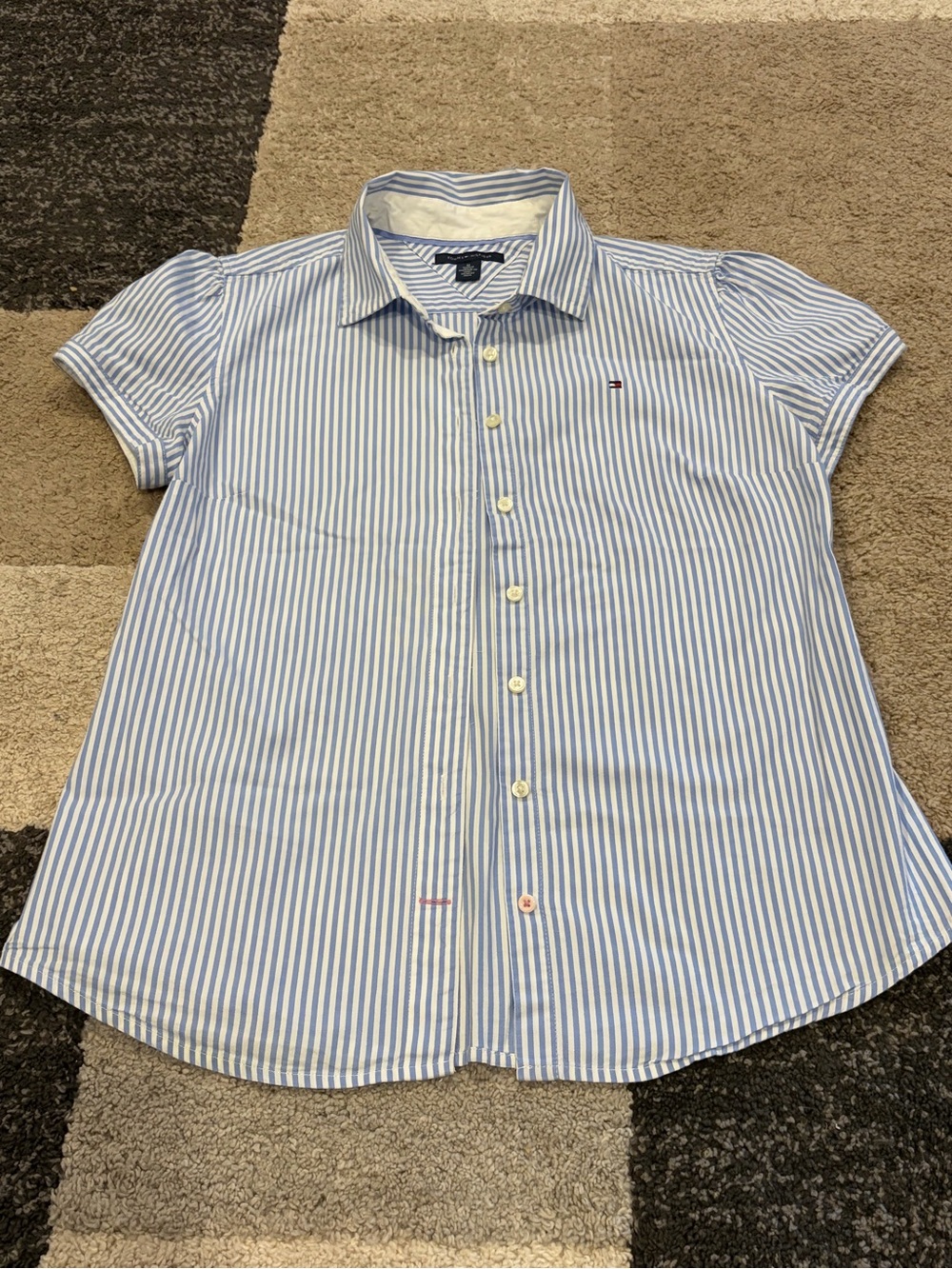 Tommy Hilfiger Light Blue Striped Summer Button Down Shirt Blouse Size M